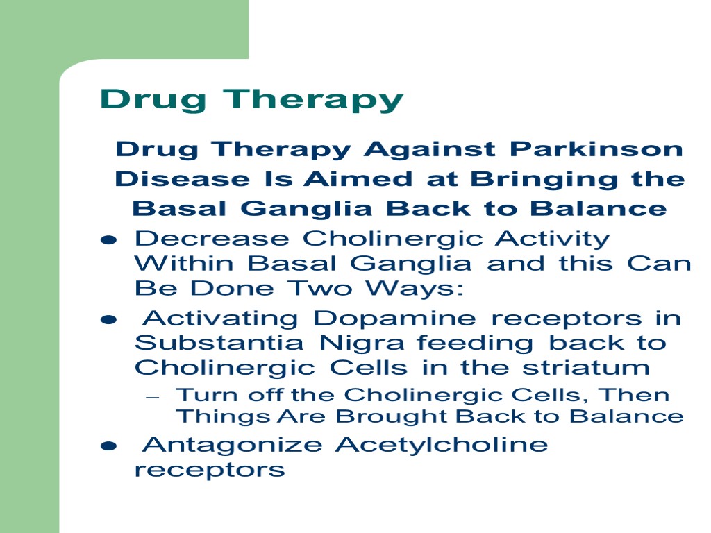 Drug Therapy Drug Therapy Against Parkinson Disease Is Aimed at Bringing the Basal Ganglia